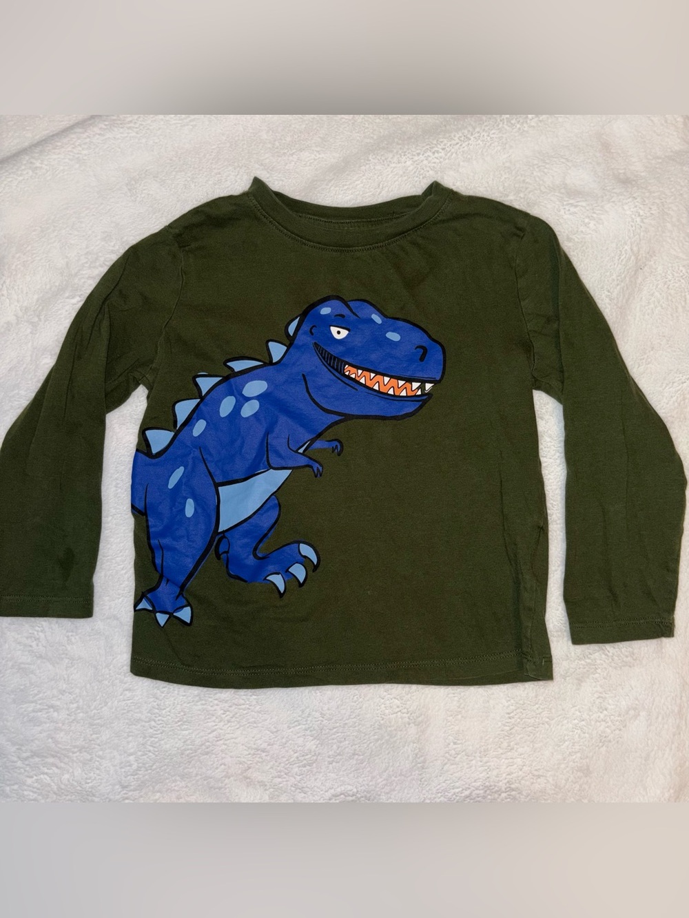H&M Olive Green Long-Sleeve Tee with Blue Dinosaur Print